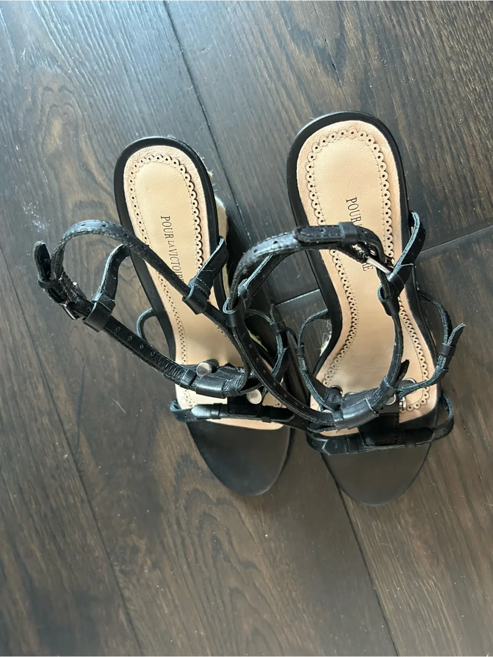 Pour La Victoire Betsy Black Leather Espadrille Wedge Sandals Size 6